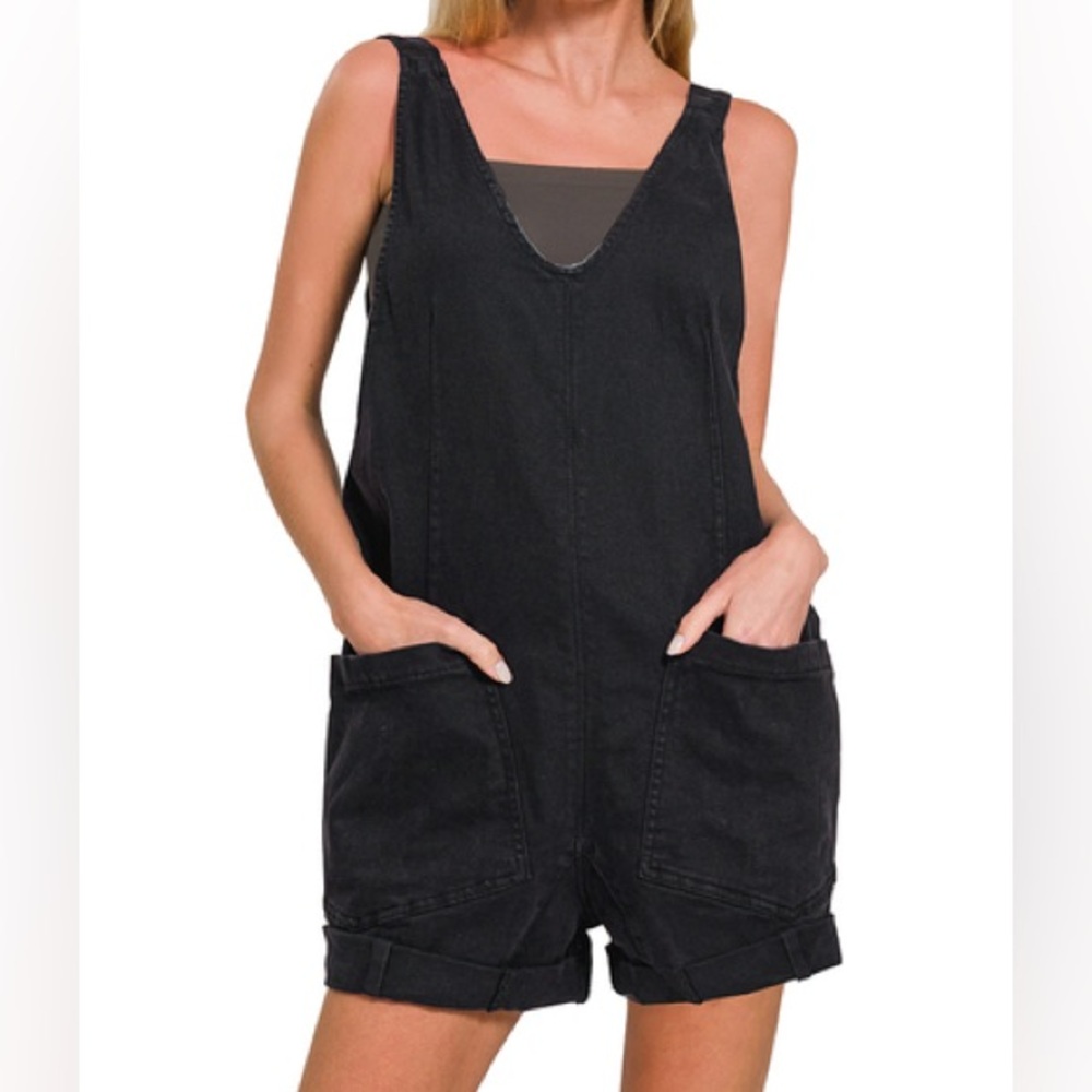 Black Denim Women's Overall Shorts